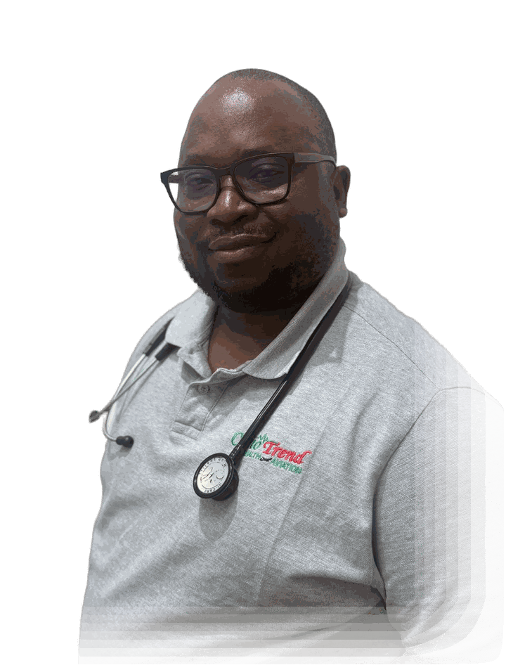 Dr A.O. Ndhlovu of ClinoTrend Health & Aviation, wearing a grey practice shirt and a stethoscope